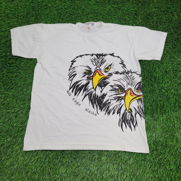 Vintage 90s Alaska Bald Eagle Shirt Large 23x27 White Artwork - Picture 1 of 14